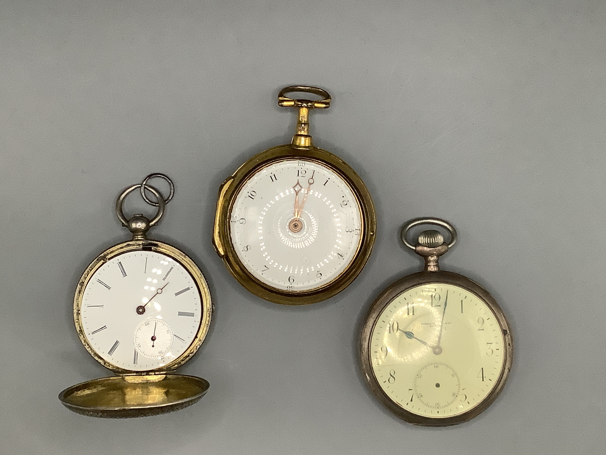 Three assorted pocket watches including a 19th century gilt metal pair case by Gill, Liverpool and two white metal.